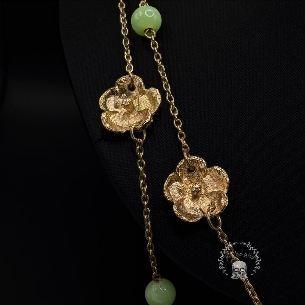 Stunning Vintage Gold Flower and Green Glass Longline Opera Necklace - Picture 4 of 5